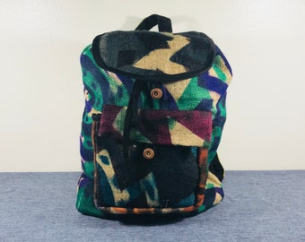 Backpack bag,Gunne sack backpack,Large,backpack painted canvas,coffee bag,Guatemala,tan,green,blue,purple,back pack