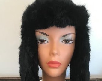 Mad Bomber Fur hat, Quilted, with ear muffs,Rabbit Fur, Hat, Cap,black, Vintage fur, Aviator, Trapper, Pom Poms