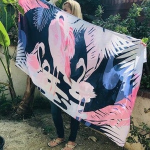 Large Scarf, Pink Flamingos,Blue,Pink,sarong,with tassels 68&quot; x 37&quot;