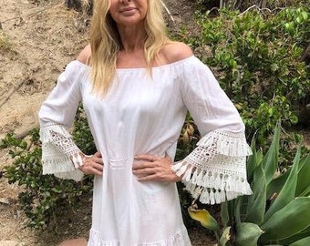 White Summer dress,White cotton dress, off the shoulders,fringed, fringed Lace sleeves, Large