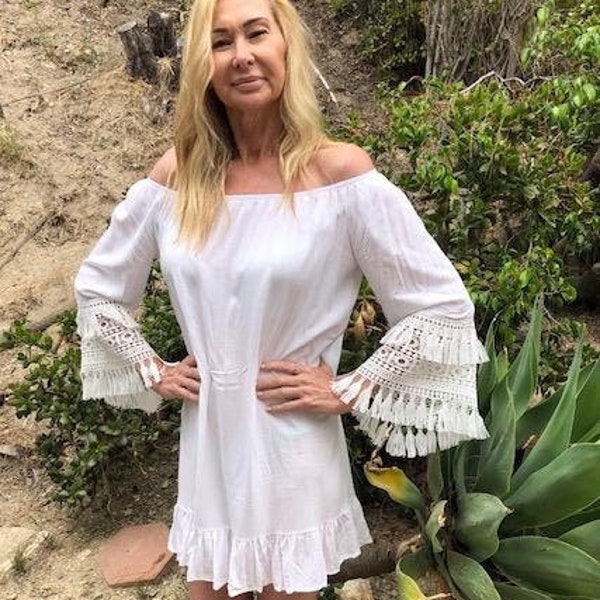 White Summer dress,White cotton dress, off the shoulders,fringed, fringed Lace sleeves, Large