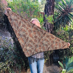 Châle imprimé guépard, châle espagnol, foulard de piano, frangé, brun, noir