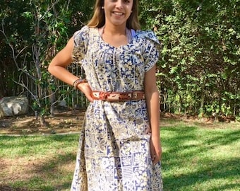 Hawaiian dress, muumuu dress, large, tan, blue