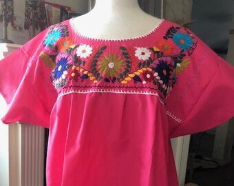 Embroidered blouse, Mexican blouse, large,BoHo, blouse, top,Oaxaca blouse,top,pink,Indian,huipel