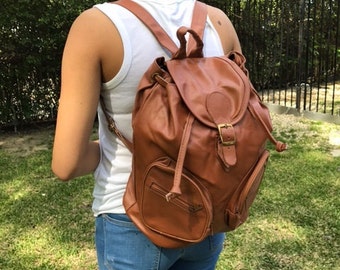 Mochila vintage de cuero marrón, mochila.