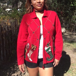 Ugly Christmas sweater, red cardigan sweater, beaded sweater, large,Christmas stockings