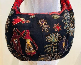 Bolso hobo de algodón grande, bolso de hombro, monedero, bolso bohemio, pájaros, personas, flores, negro, rojo, amarillo, verde, étnico, indio