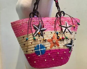 Large wicker purse,Rainbow, Beaded,Woven, Wicker, Beach Bag ,Tote, Basket purse,Purse,Pink,Blue,Tan,brown wood beads, orange,purse