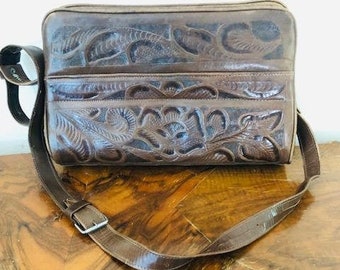 Tooled Leather purse,Bag,Brown leather, Shoulder Bag, footed