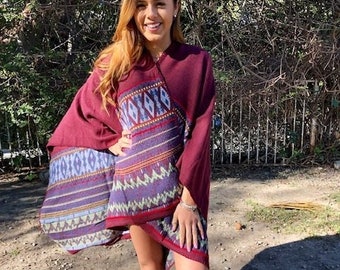 Poncho top, Boho Wrap, chal, indio, borgoña, azul, amarillo, suave