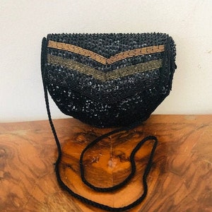 Black beaded, sequin purse, formal, shoulder bag, mint condition, black, gold, bronze image 1