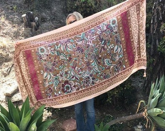 Large Scarf, wrap,shawl,Flowers, Turquoise, Tan, Maroon, Pink,sarong,with tassels 72" x 36"