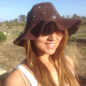 Suede Leather Hat, Floppy hat,Hippie hat,Western, Boho, Suede, Studded, Brown,leather,hat