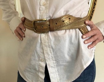 Vintage Calvin Klein Rubbed Gold Leather Wide Belt M, Calvin 