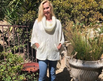 Poncho top, Knit poncho, Poncho with sleeves,large ,Cowl Neck, Pockets ,Cream ,off white