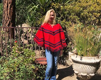 Knit poncho, poncho top,Red, Blue ,Knit, Poncho, Fringed