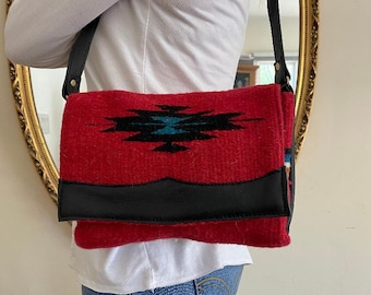 Red wool purse, Black leather, Shoulder Bag ,Black, Turquoise, Red, Earth tones, Leather straps, Boho bag