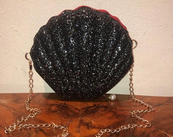 Sparkling Black shell purse, shoulder bag, Formal purse, Fan purse