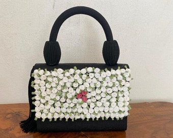 Schwarze Schultertasche, Handtasche, Rose, Rosetten, Schultertasche