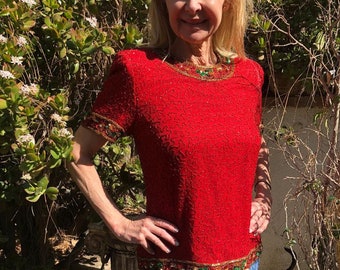 Adrianna Papell tapa con cuentas, grande, tapa de lentejuelas, rojo, verde, oro, top de la tarde, formal, Boutique Papell