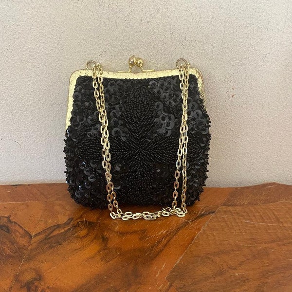 LA Regale, Black Beaded Purse,Beads and sequin, Formal purse, Shoulder Bag