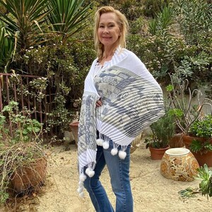 Large white pleated scarf, Rabbit fur balls, white, Tan, Gray