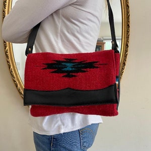 Red wool purse, Black leather, Shoulder Bag ,Black, Turquoise, Red, Earth tones, Leather straps, Boho bag