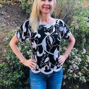 I.Magnin,Beaded Top, Black ,White ,Beads,Sequin, Formal Blouse