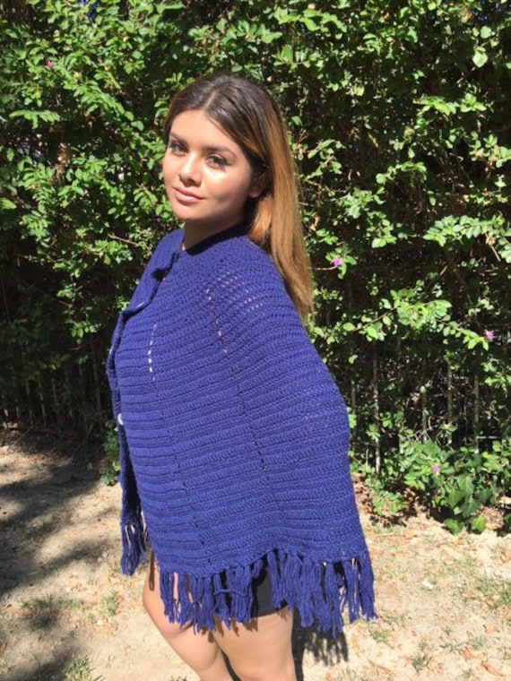 Knit poncho, blue, fringed , shawl, wrap - image 3