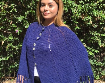 Knit poncho, blue, fringed , shawl, wrap