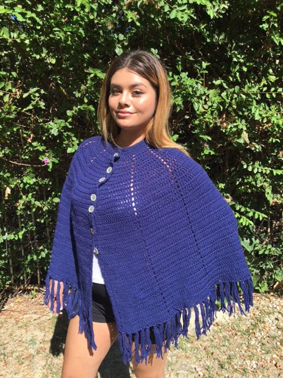 Knit poncho, blue, fringed , shawl, wrap - image 1