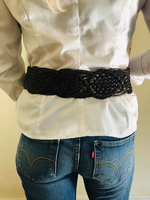Braided black leather belt, double buckle belt, b… - image 2