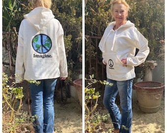Peace hoodie,Baja Hoodie,Small,Unisex,Hooded pullover, Mexican Hoodie,white,off white, Planet peace