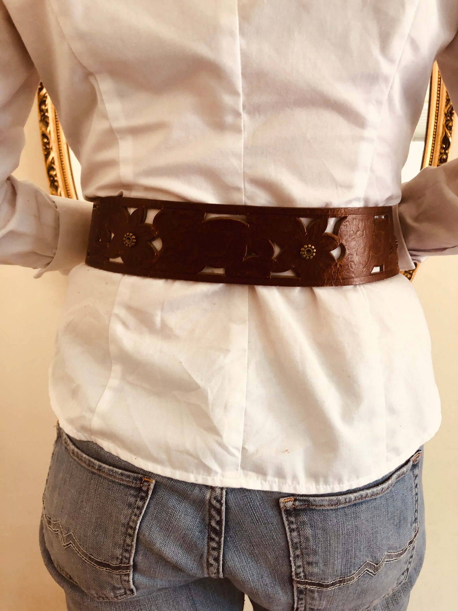 Tooled Faux Leather Belt Cut Out Belt Wide Belt Etsy