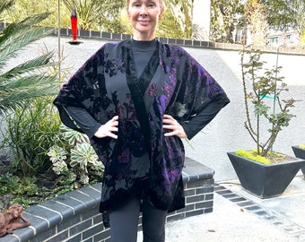 Gorgeous Black and Lavender Velvet Burn out Kimono