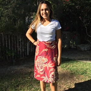 Red silk skirt, small, red, tan, wrap skirt, silk poly blend