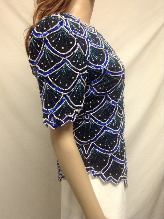 Beaded Sequin Top, Blue ,Green, White, Formal top… - image 3