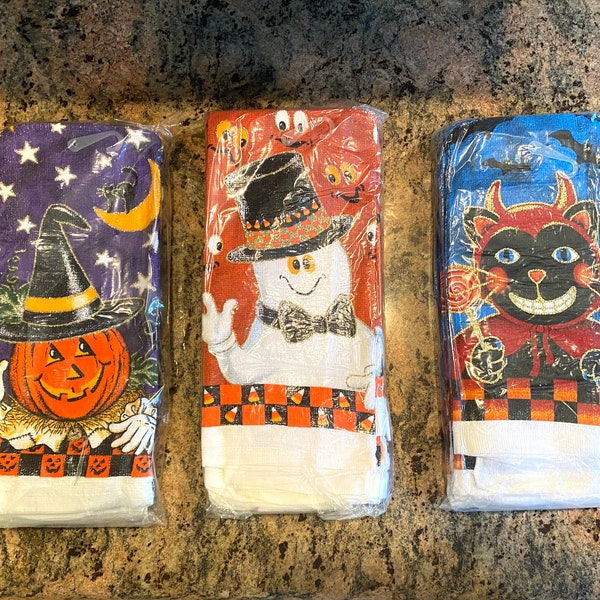 Lot de 6 serviettes à main Halloween, citrouille, chat, bonhomme de neige, stock ancien neuf