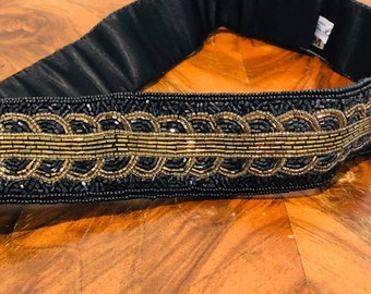 Cumberbund Belt, Beaded Belt, Black, Gold, Amber, Medium  display picture 2