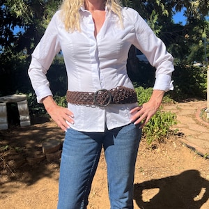 Wide belt,Brown Woven Leather Belt, Boho,Large round buckle