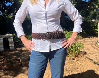 90s Calvin Klein Studded Brown Leather Belt: Silver Tone  display picture 2