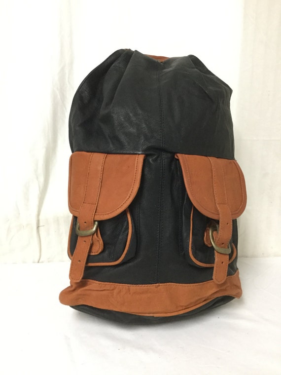 Backpack bag, Black, Leather ,Backpack ,Brown Tri… - image 2