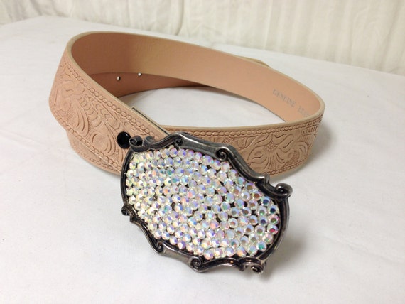 Tooled Leather Belt, Rhinestone Buckle M/L