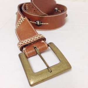 Fossil, Brown Leather Belt ,Beaded,Copper Tone, Buckle, Small