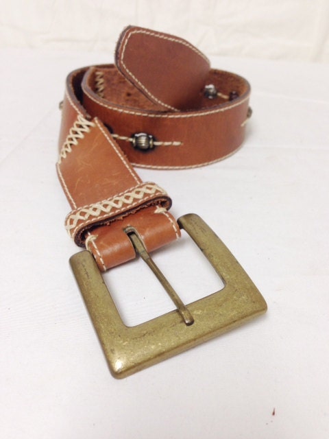 Fossil, Brown Leather Belt ,beaded,copper Tone, Buckle 
