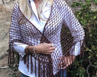 Brown knit shawl, amber sequins, fringed, piano scarf