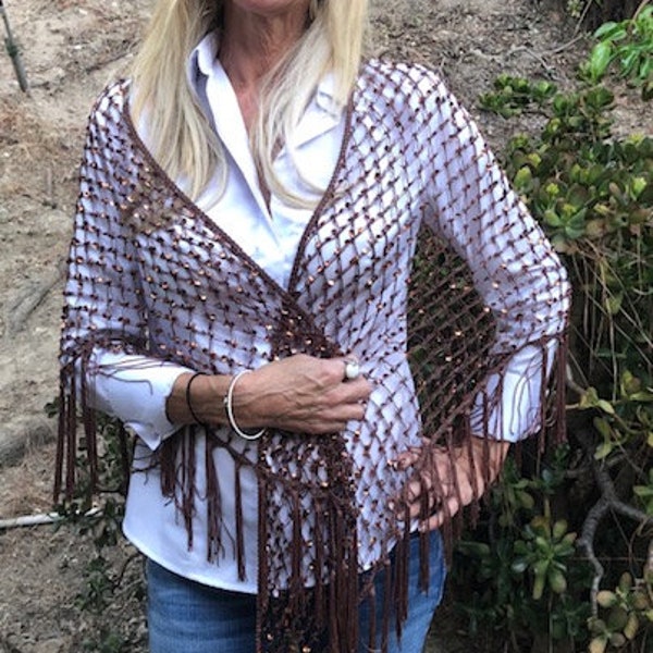 Brown knit shawl, amber sequins, fringed, piano scarf