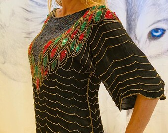 Beaded Sequin Top, Large, Black, green, Red, Gold, Formal top