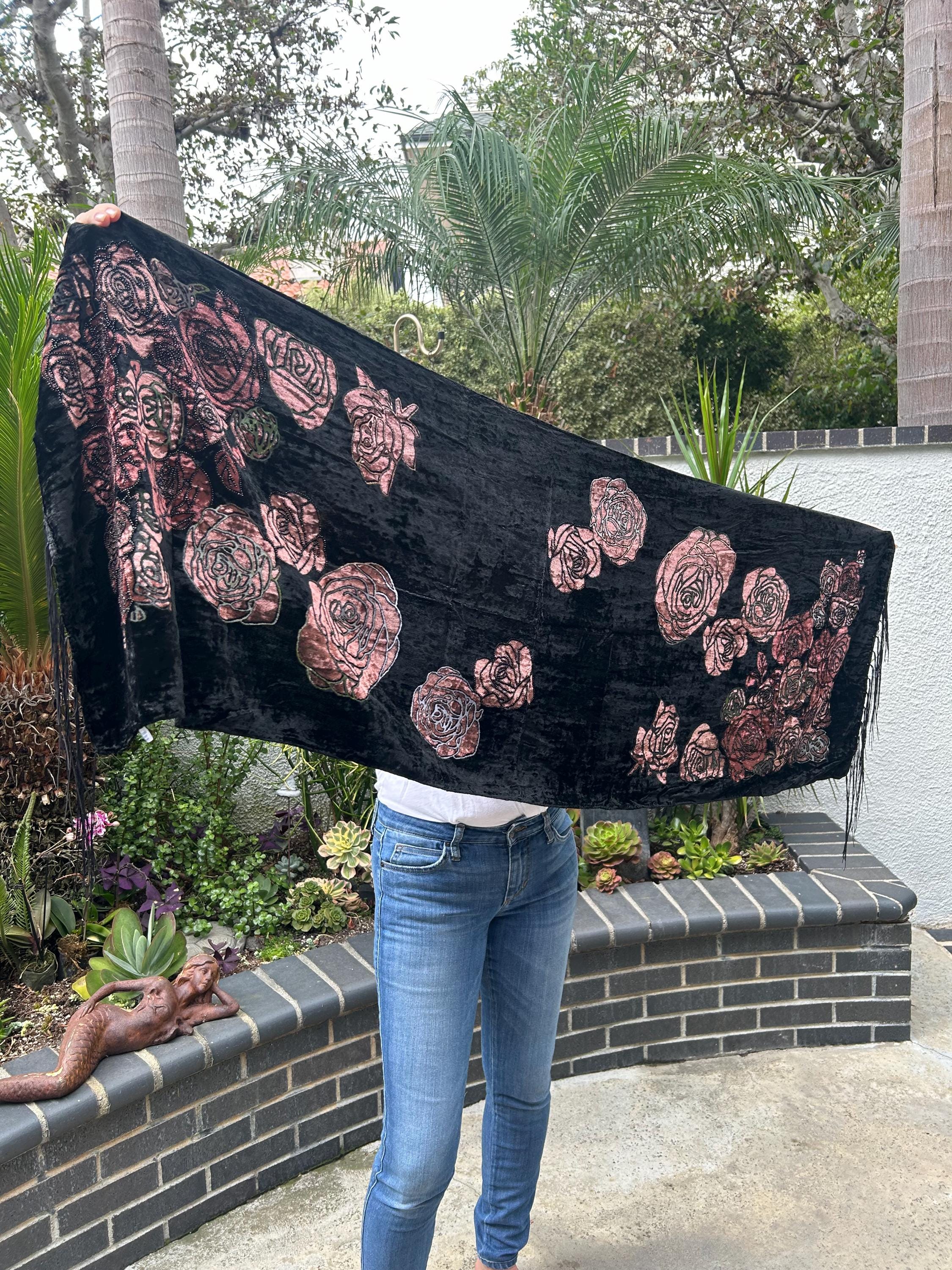 Gorgeous Black Velvet Scarf, Semi Sheer, Burn out, Fringed, Piano Scarf, Pink roses