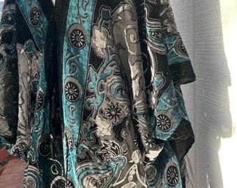 Beautiful Art Deco Velvet Kimono Teal, Black, Semi Sheer, Burn out, Fringed, Devore; Cover
